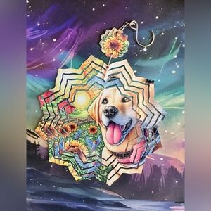 NEW 8” Colorful Sunflower & Golden Retriever Dog Wind spinner- Yellow